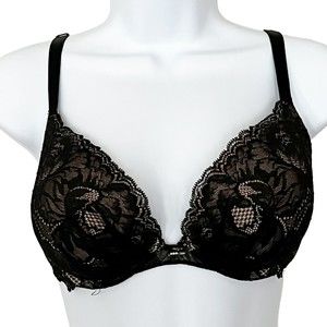 Victoria Secret Bra Womens 32DD Black Nude Plunge Padded Lace Overlay Underwire